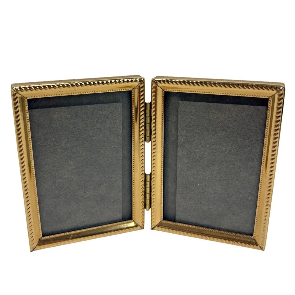 Vintage Gold Metal Double Folding Picture Frame Ornate Filigree Glass 2.5x3.5